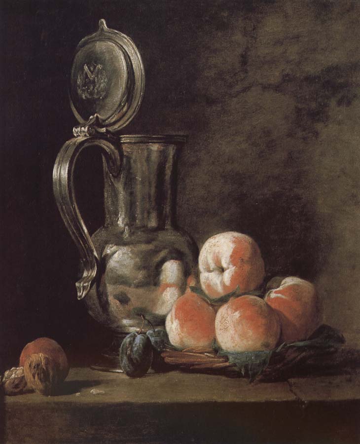 Metal pot with basket of peaches and plums